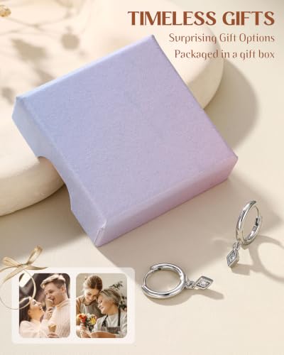 FIBO STEEL 14K Gold Plated Hoop Earrings with Charms for Women Huggie Hoops | Hypoallergenic 925 Sterling Silver Post Dangle Earrings Small Silver Gold Hoops Earring Cubic Zirconia Dangle Drop Jewelry - color: Rhombus - Silver Plated