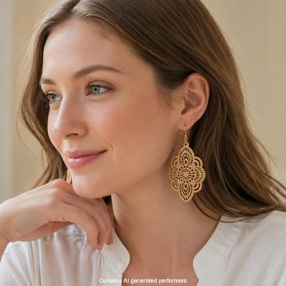 Boho Black Filigree Dangle Earrings for Women, Lightweight Hollow Lace Drop, Wood, 3.34" x 1.69", Bohemian Jewelry - color: Beige
