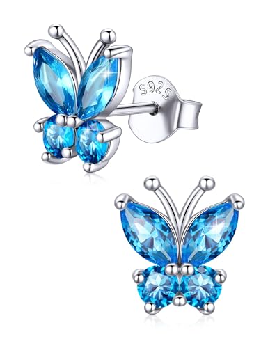 ChicSilver 925 Sterling Silver Bow/Butterfly Earrings for Women Hypoallergenic Birthstone Earrings Dainty Bow/Butterfly Jewelry Gift for Women - color: Butterfly-December-Blue Topaz