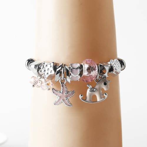 DS Charm Bracelets for girls,exquisite cute cartoon friendship bracelets Silver Stainless Steel Bangle with birthday Gift box, Adjustable girls jewelry Suitable for holiday gifts - style: Silver-Pink Pony