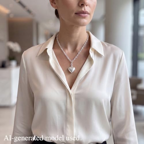 Puffy Heart Pendant Necklace for Women | Long and Short Pendant Necklace with 18K Gold Plated Heart Charm Statement Fashion Jewelry Gift - size: Short, style: Silver Chain & Heart