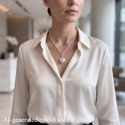 Puffy Heart Pendant Necklace for Women | Long and Short Pendant Necklace with 18K Gold Plated Heart Charm Statement Fashion Jewelry Gift - size: Short, style: Silver Chain & Heart