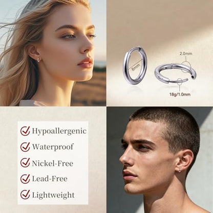 Limerencia G23 Hypoallergenic Titanium Earrings Hoops Small Huggie Earrings | 18G Cartilage F136 Pure Titanium Huggie Hoops with Cubic Zirconia, Ear Cuff Style Jewelry for Women Men with Sensitive Ears - color: No stones, size: 8mm