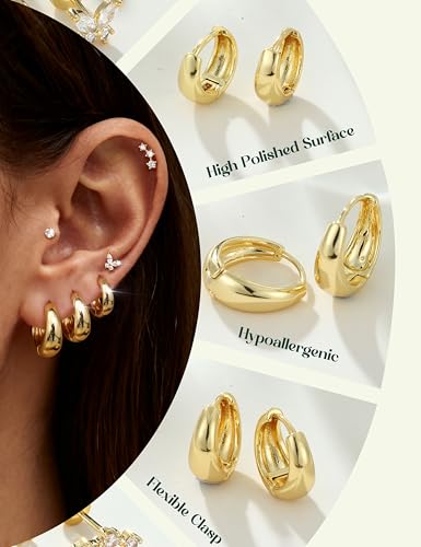 ADRAMATA Hypoallergenic Gold Earrings Stack for Women - 7Pairs Surgical Steel Small Chunky Huggie Hoops & Flat Back Stud Earrings Set Silver Cartilage Jewelry Trendy Christmas Gifts - style: Chunky - Gold