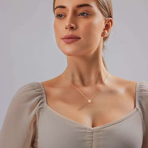 Zeffy Gold Pearl Necklace for Women, Dainty 14K Gold/Silve Plated Layered Pearl Choker Pearl Earrings Pearl Bracelets Wedding Trendy Gold Jewelry Set for Women Gifts - style: Gold Single Pearl Necklace-1PCS