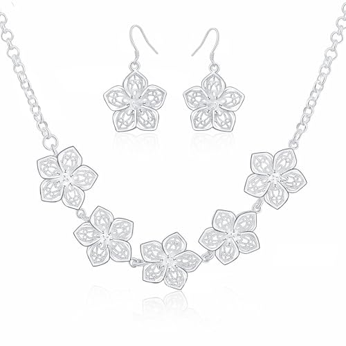 3 Circles Silver Hoop Earrings Necklace Set for Women Geometric Jewelry Set | 925 Silver Hypoallergenic Small Hoop Circle Geometry Textured Finish Minimalist Style Comfortable Wear - style: Flowers