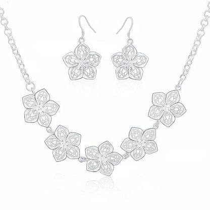 3 Circles Silver Hoop Earrings Necklace Set for Women Geometric Jewelry Set | 925 Silver Hypoallergenic Small Hoop Circle Geometry Textured Finish Minimalist Style Comfortable Wear - style: Flowers