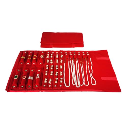 Velvet Travel Jewelry Case Roll Bag Organizer for Necklace Bracelet Earrings Ring (Black) (Red) - color: Red