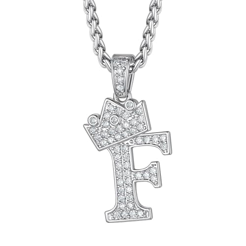 Richsteel Silver Crown Initial A-Z Letter Pendant Necklace for Men Women | Cubic Zirconia Monogram, 316L Steel Chain, 22" + 2" Extender,Hypoallergenic,Gift Box, Hip Hop Jewelry - style: F