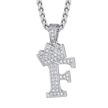 Richsteel Silver Crown Initial A-Z Letter Pendant Necklace for Men Women | Cubic Zirconia Monogram, 316L Steel Chain, 22" + 2" Extender,Hypoallergenic,Gift Box, Hip Hop Jewelry - style: F