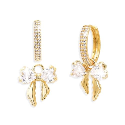 Sonateomber Gold Silver Small Hoop Dangle Earrings for Women, Trendy Dainty Rhinestone CZ Dangling Prom Wedding Leaf Flower Snowflake Butterfly Starfish Fashion Jewelry Gift - color: Gold Bow