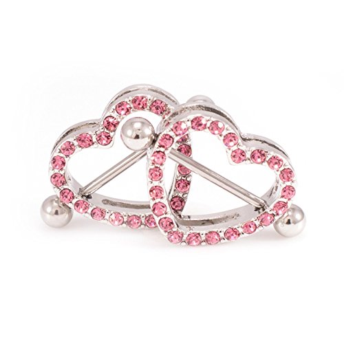 14G Stainless Steel CZ Paved Heart Nipple Rings Nipple Piercing Jewelry for Women 7/8 Inch 22mm - color: Silver - Pink CZ