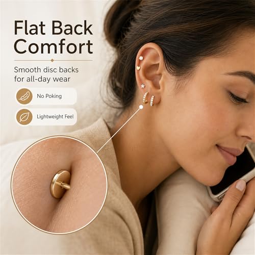 Surgical Stainless Steel Stud Earrings Set for Women | Hypoallergenic, Sensitive Flat Back, Small Cute Hoop Earring Sets, Lobe Helix Cartilage Stacks, Multiple Piercing Jewelry - color: Gold
