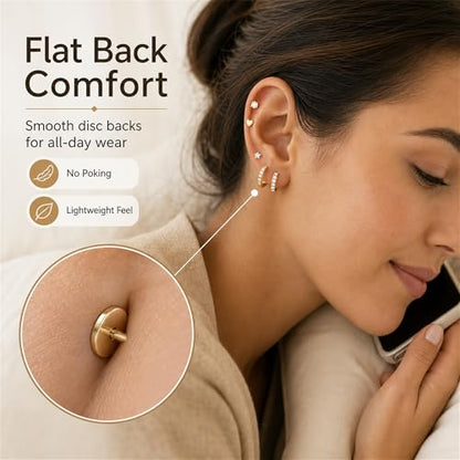 Surgical Stainless Steel Stud Earrings Set for Women | Hypoallergenic, Sensitive Flat Back, Small Cute Hoop Earring Sets, Lobe Helix Cartilage Stacks, Multiple Piercing Jewelry - color: Gold