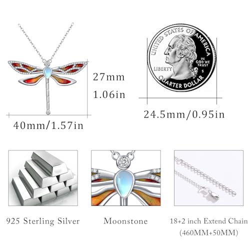 Dragonfly Necklace 925 Sterling Silver Moonstone Necklace Rainbow Stone Dragonfly Jewelry Christmas Birthday Gifts for Women Mom Her - style: Light Orange