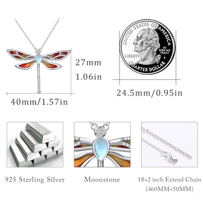 Dragonfly Necklace 925 Sterling Silver Moonstone Necklace Rainbow Stone Dragonfly Jewelry Christmas Birthday Gifts for Women Mom Her - style: Light Orange