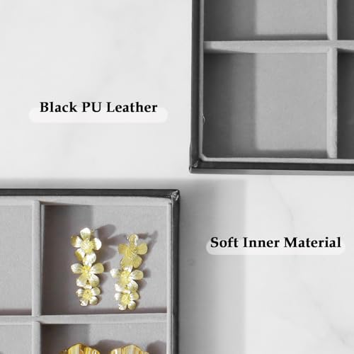 Large Jewelry Organizer Tray, Stackable Jewelry Storage Holder PU Leather Velvet Jewellery Display Case for Stud Earring Bracelet Necklace Ring (Black Gray, 12 Grids) - color: Black Gray