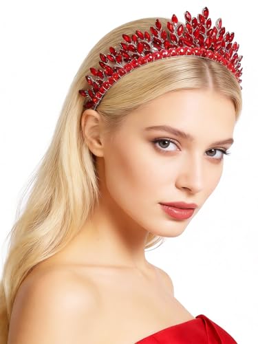 Bridal Rhinestone Headband Wedding Hair Accessories for Women, Pearl Crystal Headband Wedding Costume Headpieces for Brides Princess Quinceanera Christmas Party Prom Birthday(Red) - color: Red