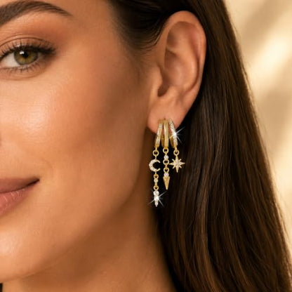 Sonateomber Gold Silver Small Hoop Dangle Earrings for Women, Trendy Dainty Rhinestone CZ Dangling Prom Wedding Leaf Flower Snowflake Butterfly Starfish Fashion Jewelry Gift - color: Celestial Star