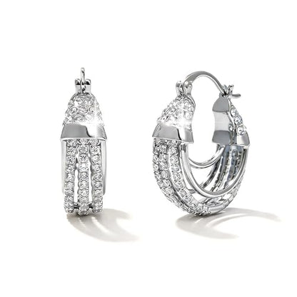 Sonateomber Gold Chunky Crystal Hoop Earrings for Women, Trendy Statement Sparkly CZ Rhinestone Thick Open Hoops Earings Hypoallergenic Wedding Prom Everyday Accessories Fashion Jewelry Gift - color: Silver Layered