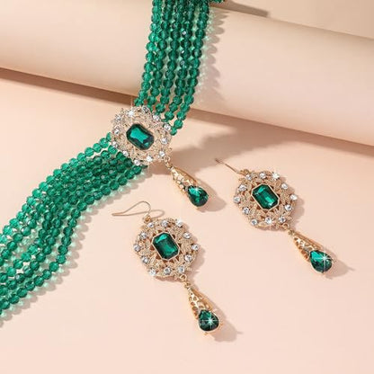 Missgrace Women Silver Black Green Red Rhinestone Crystal Tassels Bridal Necklace Earrings Sets Teardrop Necklace Dangle Earrings Set for Wedding Brides Bridesmaid - color: Green