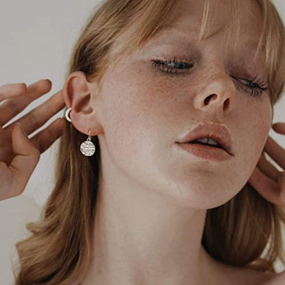 Gold Earrings 14k Gold Plated Hoop Earrings Dainty Pearl hoop Disc Coin Bead Starfish Teardrop Circle Dangle Drop Earrings for Women Hypoallergenic Jewelry Gifts - color: Hammered Disc-Silver