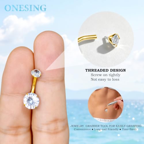 ONESING 14G Belly Button Rings Hypoallergenic Surgical Stainless Steel Belly Rings for Women Round Heart Teardrop Cubic Zirconia 12MM Navel Piercing Jewelry Barbell Studs with Tools - color: Gold A-14G