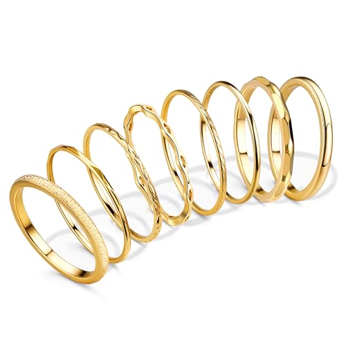 YADOCA 8Pcs 1MM 2MM Stainless Steel Rings for Women Men Minimalist Fashion Dainty Plain Thin Knuckle Stacking Midi Thumb Rings Stackable Statement Band Rings Set Silver Gold Tone Size 4-12 - color: Gold