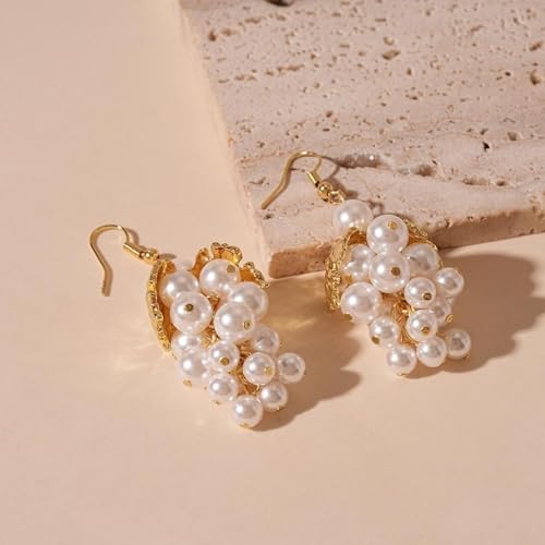 Baroque Faux Pearl Cluster Dangle Earrings for Women,Chunky Pearls Grape Dainty Gold Leaf Drop Statement Earrings Trendy Jewelry Gifts
