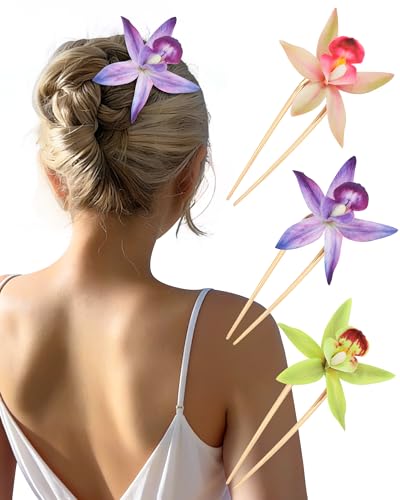 WELROG 3-Pcs Metal Hawaiian Orchid Hair Pins, Non-Slip Stick for Beach Updo | Tropical Flower Vibes,Weddings and Vacations - color: Purple+Pink+Green