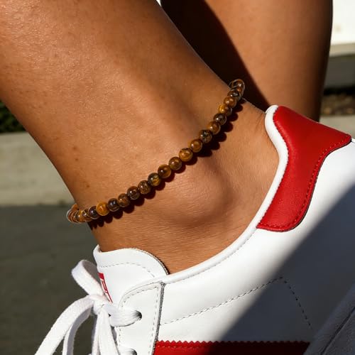 Natural Stone Beaded Anklets for Women, Handmade Boho Clear Quartz 4mm Crystal Beads Anklet, Gold Chain Adjustable Ankles Bracelet, Beach Summer Jewelry Gemstone Foot Bracelet Gift - color: Tiger's Eye