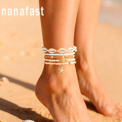 Nanafast Beaded Boho Anklets for Women, Beachy Shell Anklets for Women, Puka Shell & Starfish Charms Beach Jewelry Adjustable - color: 5PCS
