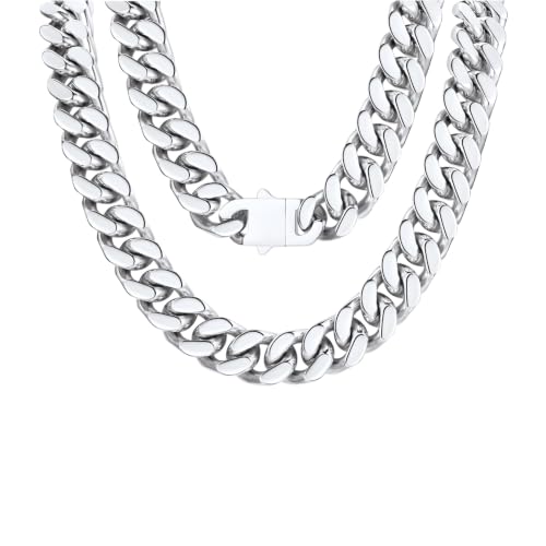 FindChic Cuban Link Chain Necklace for Women Men, Silver/Gold Plated Stainless Steel Solid Miami Curb Chain Hip Hop Punk Statement Jewelry, 5/12/14mm Width, 16/18/20 Inch Length, with Gift Box - color: 05. 14mm-Silver, size: 18inches