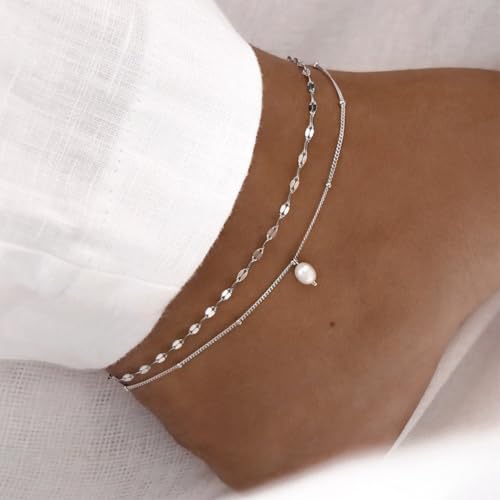 NIXMAX Gold Anklets for Women, Waterproof Chain Trendy Ankle Bracelets | Non Tarnish, Adjustable Fit, 14K Gold Plated, Dainty Layered Looks, Summer Beach Vacation Body Jewelry, Gifts for Women - color: Silver-Pearl