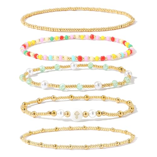 Dainty Gold Plated Pearl Crystal Beaded Bracelets Set for Women 14K Gold Plated Bead Pearl Beads Bracelet Stackable Paperclip Link Chain Bracelets Gold Plated Bracelets for Women Trendy Jewelry - color: Style9-multi layer3-5pcs