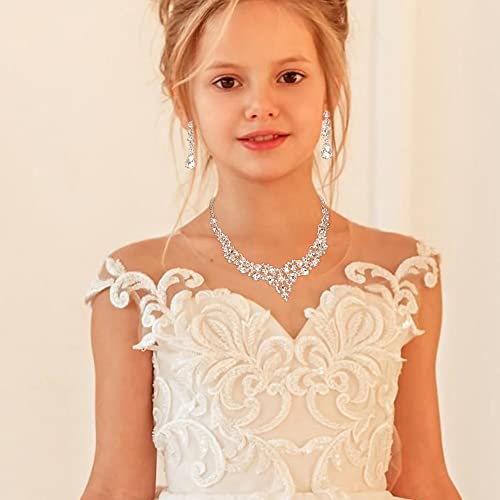Wedding Statement Necklace Clip-on Earrings Jewelry Set | Sparkling Austrian Crystal Teardrop Cluster for Party Prom Accessories - color: 01-Clear Silver-Tone