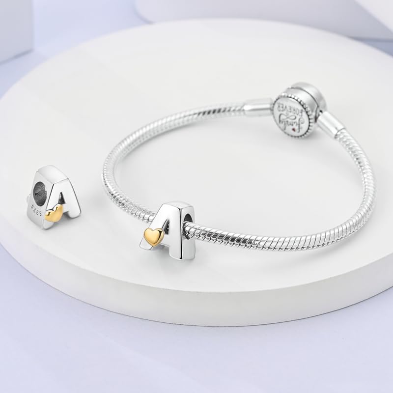 Women 925 Sterling Silver Charms A-Z Heart Letters Beads Pendant for Bracelets Women Fit Pandora Bracelets Hypoallergenic Beads - color: A