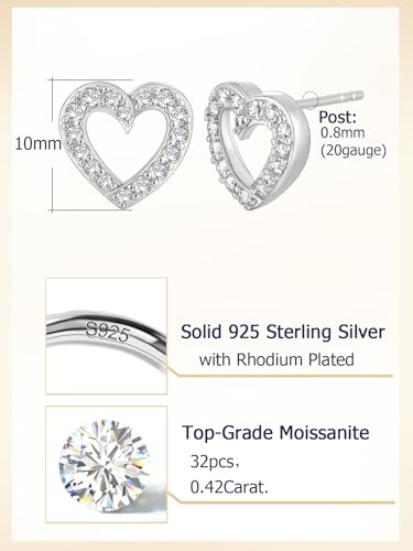 All Moissanites Sparkly Geometric Stud Earrings for Women, Solid 925 Sterling Silver with Rhodium/Gold Plated Hypoallergenic, Lightweight Comfy Earrings - color: Heart - White Gold