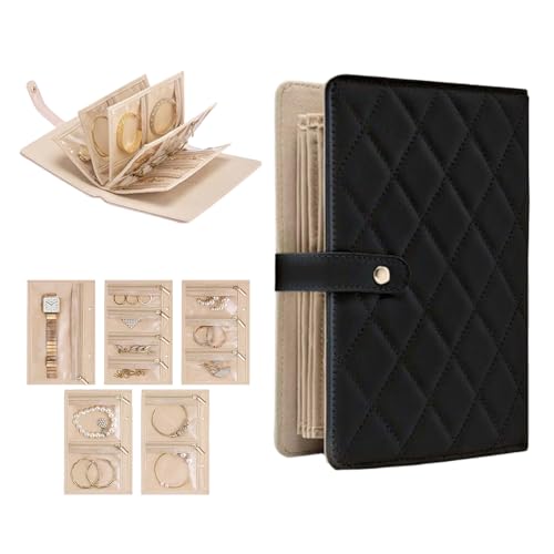 Travel Jewelry Organizer Case,Portable Checkered Jewelry Storage Bag,Velvet Lined Zipper Pouch for Earrings,Necklaces Rings (Black) - color: Black