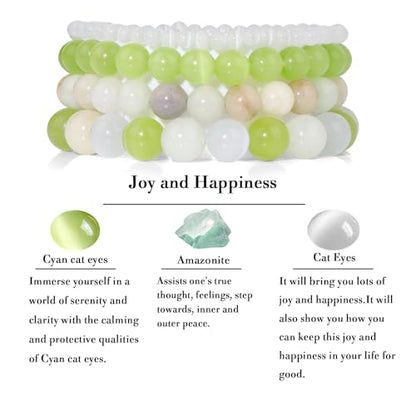 Vinswet 4pcs Beaded Bracelets for Women,Natural Healing Crystal Gemstones Bracelet,Anxiety Stress Relief Bracelet Handmade purple Jewelry Gifts for Women - color: Cat Eyes&Cyan cat eyes&Amazonite