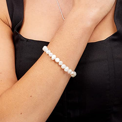 Handmade Women's Pearl Bracelet | Stretchy Beaded 7-8mm Baroque Pearl Bracelet for Ladies and Girls - Pink, Black, White, Grey, Multicolor - color: White