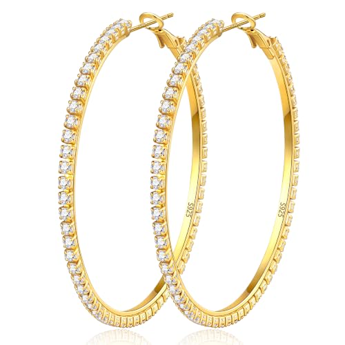 3mm 925 Sterling Silver Big Cubic Zirconia Hoop Earrings for Women Large Rhinestone Hoop Earrings 14K Gold Plated Hypoallergenic Lightweight 30mm/40mm/50mm/60mm - color: Gold-60mm