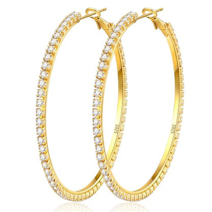 3mm 925 Sterling Silver Big Cubic Zirconia Hoop Earrings for Women Large Rhinestone Hoop Earrings 14K Gold Plated Hypoallergenic Lightweight 30mm/40mm/50mm/60mm - color: Gold-60mm