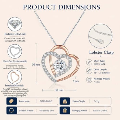 Double Heart Pendant Necklace (Women's Style), 2-Carat Moissanite Heart-Shaped Necklace, 18K white gold plating moissanite pendant Anniversary Birthday Gifts for Women, Jewelry Gift for Her Wife Girlfriend - size: 2-Carat rose gold