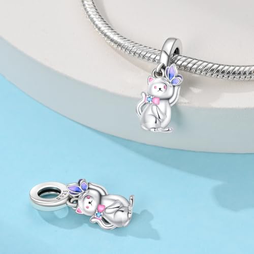 925 Sterling Silver Bead Charm for Pandora Bracelets and Necklaces,Pink Bow Cherry Butterfly Blue Ocean Pendant Bead Charms Jewelry Present Valentines Gifts for Wife/Girlfriend Women - style: Kitten playing with Butterflies