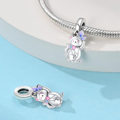 925 Sterling Silver Bead Charm for Pandora Bracelets and Necklaces,Pink Bow Cherry Butterfly Blue Ocean Pendant Bead Charms Jewelry Present Valentines Gifts for Wife/Girlfriend Women - style: Kitten playing with Butterflies