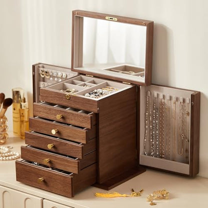 CHOSIN Black Walnut Wooden Jewelry Box for Women with Lock, Mirror, 6 Layer | Lockable wity Key, 5 Drawers, 2 Side Doors, Large Storage for Necklaces, Earrings, Rings, Watches, Brooches, Women Gifts - size: 6 Layer - Full Lock