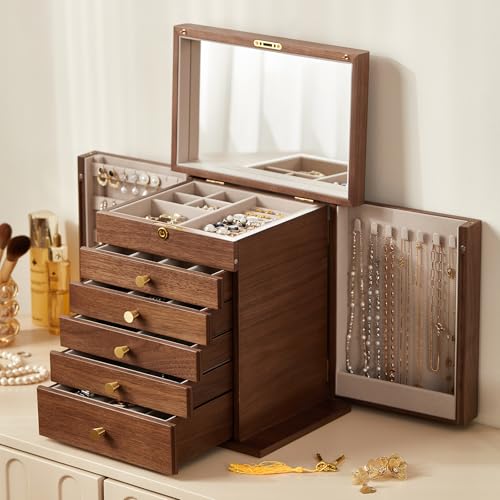 CHOSIN Black Walnut Wooden Jewelry Box for Women with Lock, Mirror, 6 Layer | Lockable wity Key, 5 Drawers, 2 Side Doors, Large Storage for Necklaces, Earrings, Rings, Watches, Brooches, Women Gifts - size: 6 Layer - Full Lock