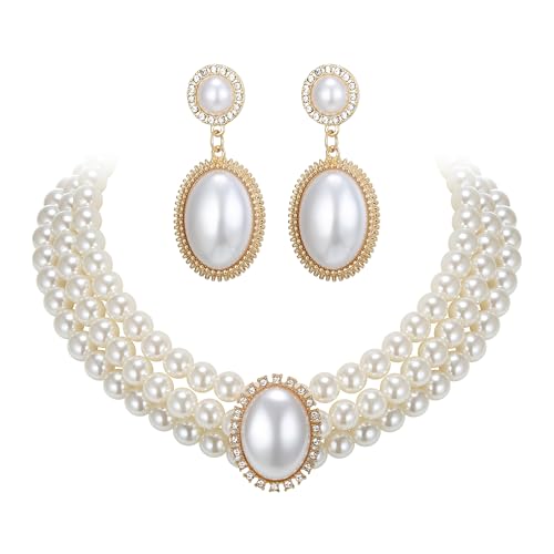Vintage 1920s Costume Jewelry Multilayer Imitation Pearls Shiny Strand Choker Necklace Large Dangle Earrings for Women Wedding Halloween Cosplay Party Prom Accessories - style: Dangle