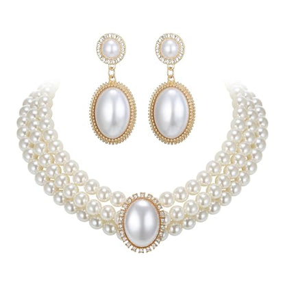 Vintage 1920s Costume Jewelry Multilayer Imitation Pearls Shiny Strand Choker Necklace Large Dangle Earrings for Women Wedding Halloween Cosplay Party Prom Accessories - style: Dangle